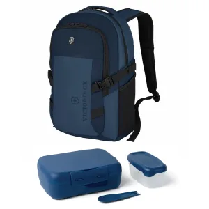 מארז כחול כל יכול עם תיק גב למחשב נייד בצבע נייבי וקופסת אוכל בגוון כחול 3 חלקים