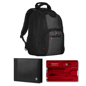 מארז Always Prepared עם תיק גב למחשב נייד בגווני שחור ואפור, סוויס קארד אדום וארנק עור שחור