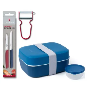 מארז Red Sky עם קופסת אוכל כחולה, קולפן מתכת REX אדום וסט סכיני ירקות באדום וכחול