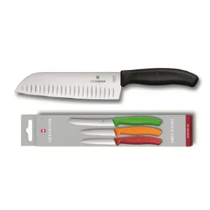 מארז אשפי המטבח עם סכין סנטוקו ידית שחורה וסט 3 סכיני ירקות בגווני ירוק, כתום ואדום באריזת מתנה