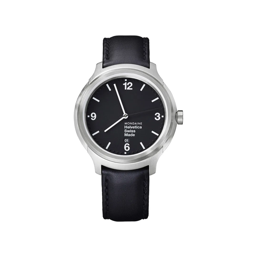 שעון מונדיין Helvetica- רצועת עור שחורה 43 מ"מ